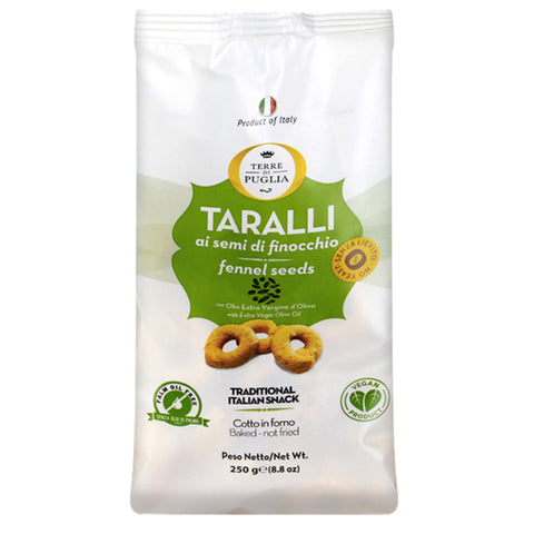 Image of Taralli with Fennel Seeds, Vegan & No Palm Oil 8.8 oz from Terre di Puglia, showcasing its packaging and branding.