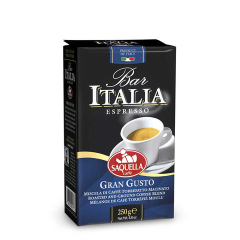 Image of Espresso Roasted Ground Coffee, Gran Gusto 8.8 oz from Bar Italia, showcasing its packaging and branding.