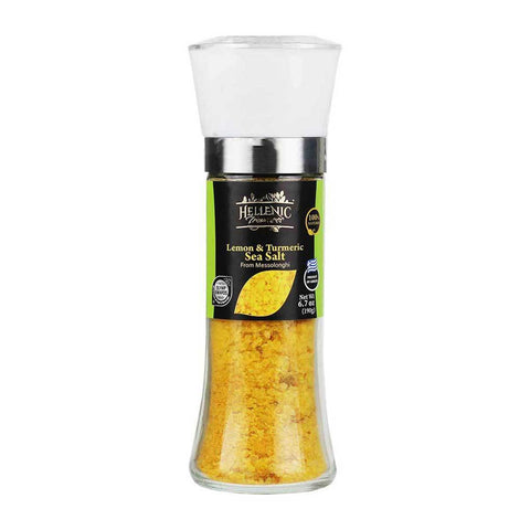 Image of Lemon & Turmeric Sea Salt Grinder 6.7 oz from Hellenic Treasures, showcasing its packaging and branding.