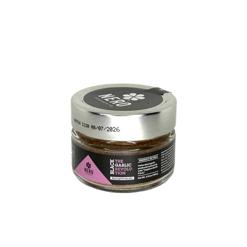 Image of Italian Black Voghiera Garlic Sea Salt PDO 3.5 oz from Nero Fermento, showcasing its packaging and branding.