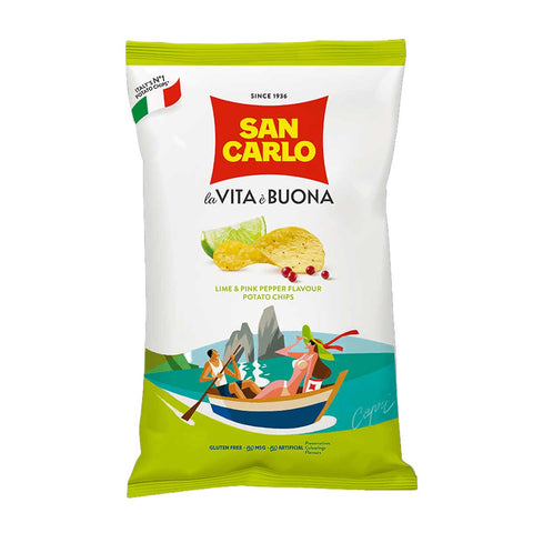 Image of Italian Lime & Pink Pepper Potato Chips 5.3 oz from San Carlo, showcasing its packaging and branding.