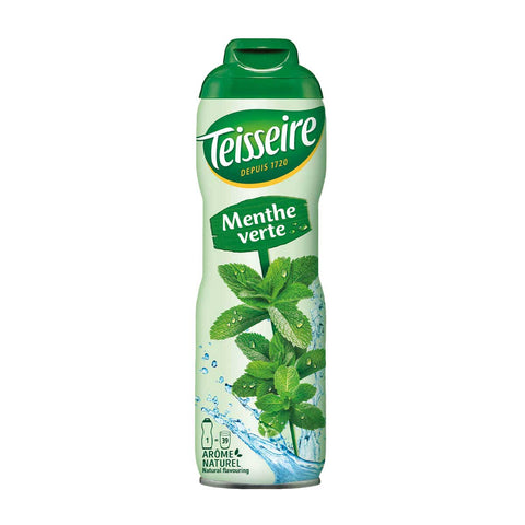Image of a French Mint Syrup 20.3 fl oz from Teisseire, showcasing its packaging and branding.